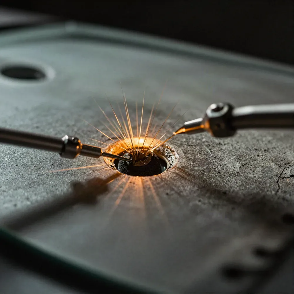Resin being injected into a stone chip in a laminated windshield during a chip repair