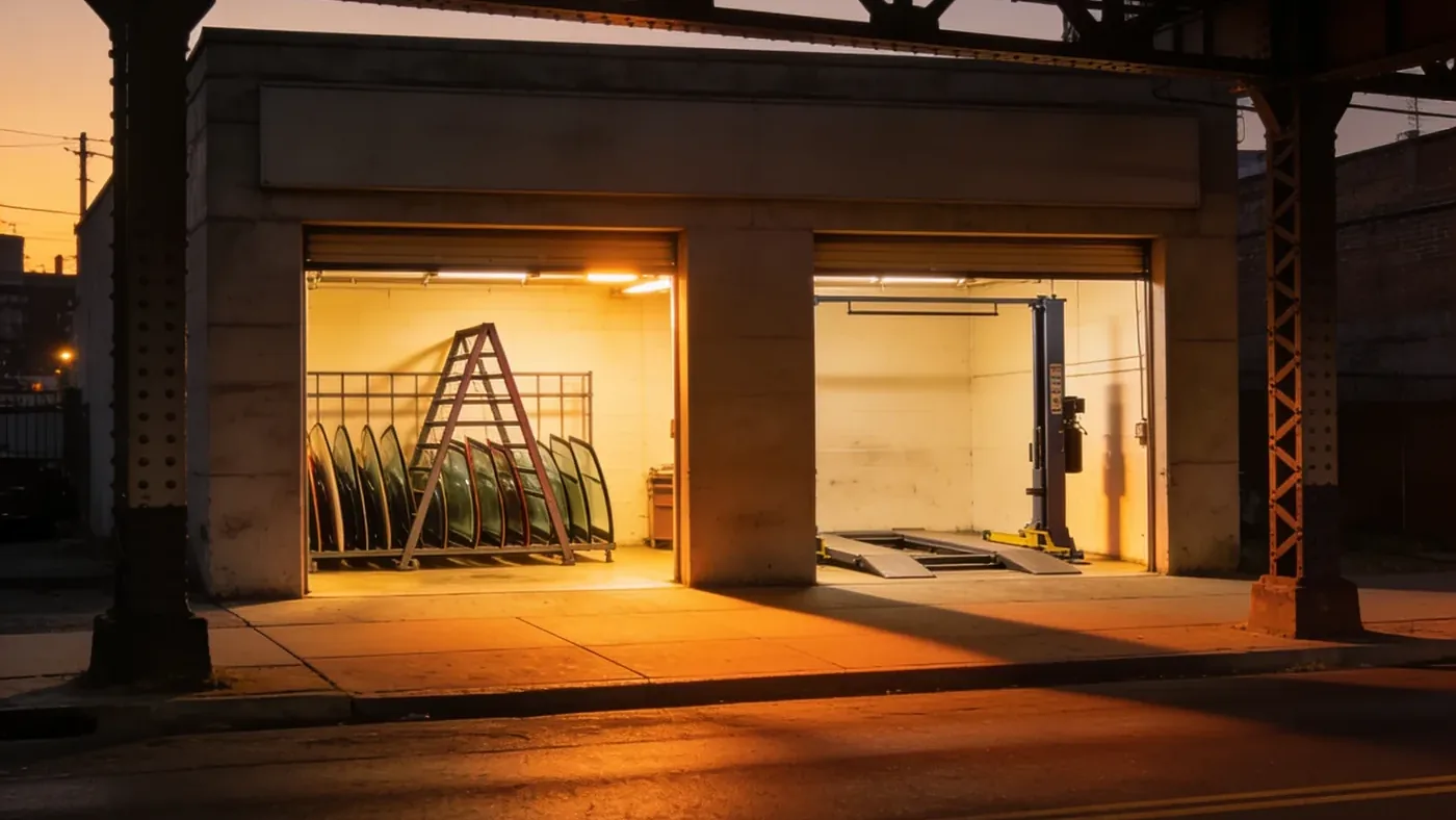 The Papa Auto Glass shop at dusk with two open bays, a rack of windshields and a vehicle lift