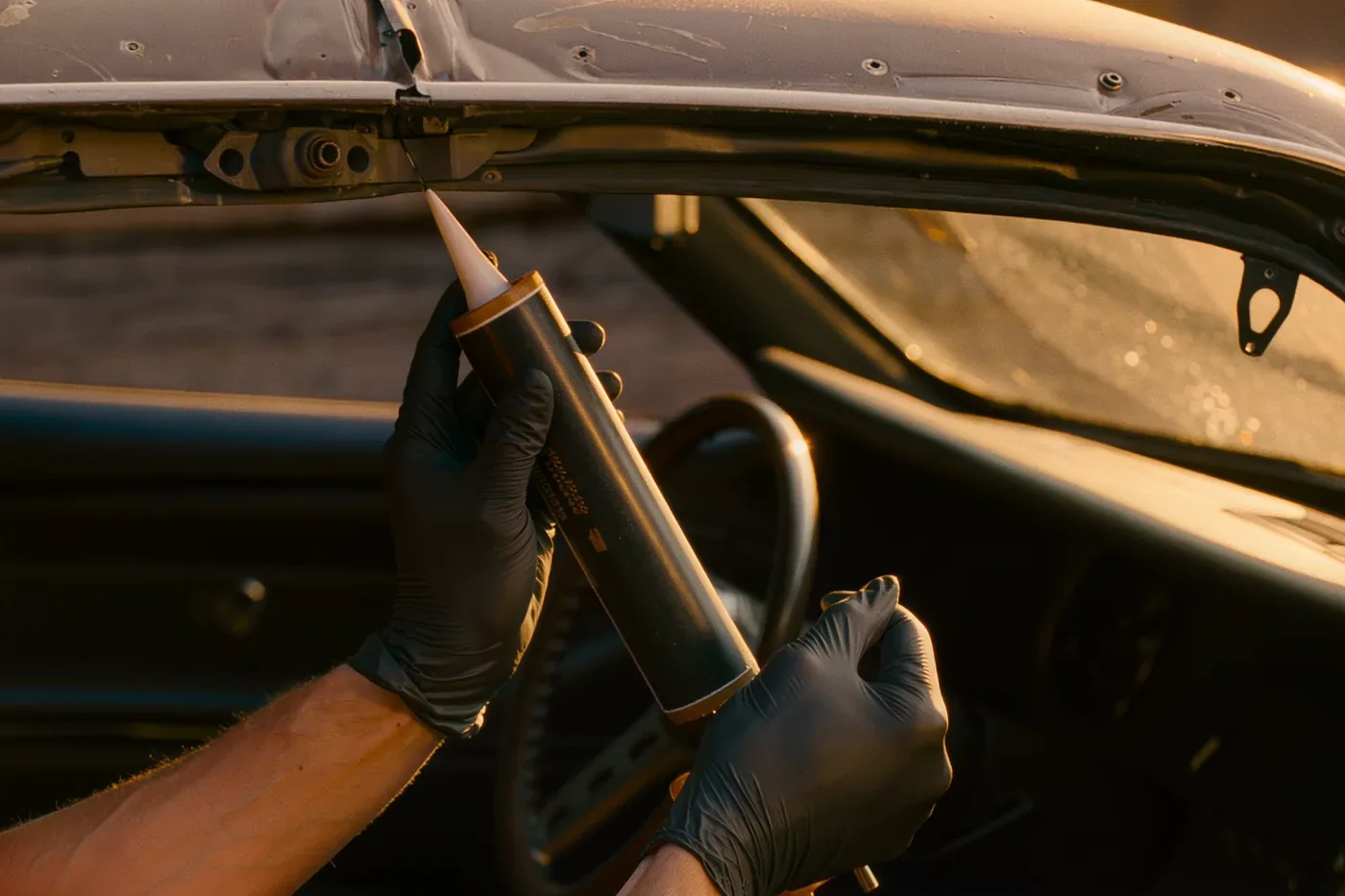 A technician in gloves laying a urethane bead along a vehicle's windshield frame before fitting new glass